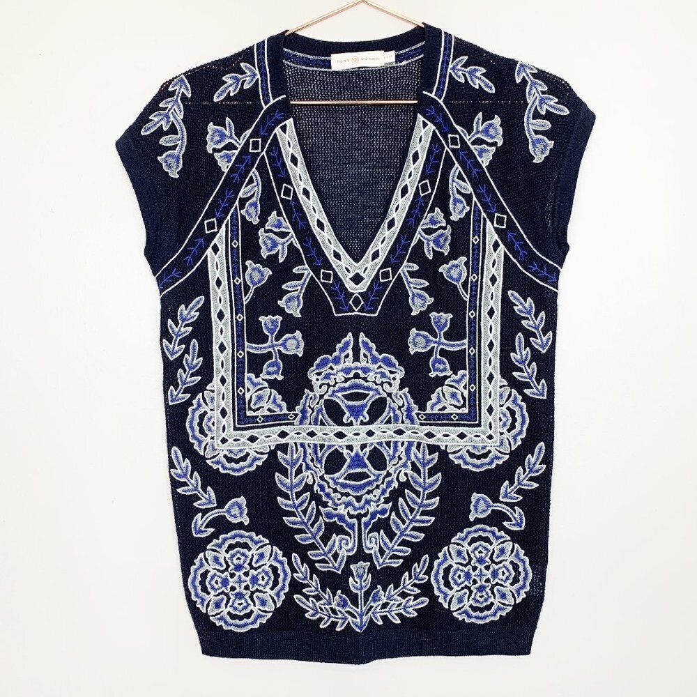 Tory Burch Merino Wool Lightweight Embroidered Short Sleeved Sweater XS